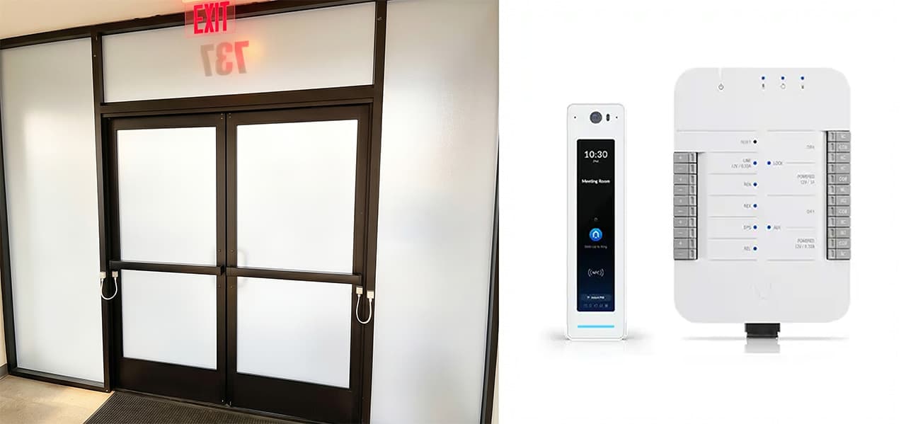  Access control on double-sided glass door with an aluminum frame